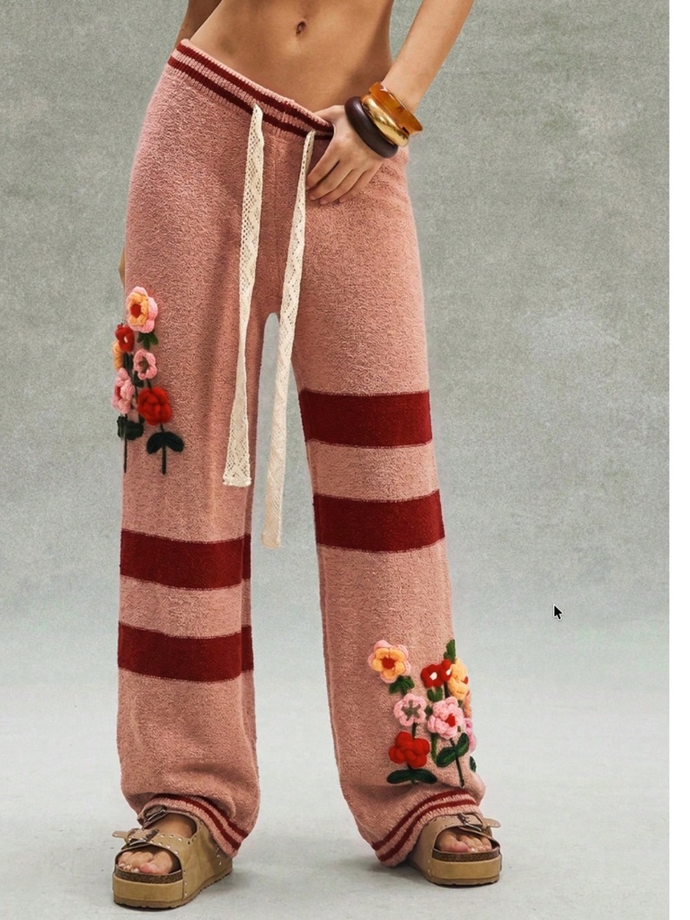 Cozy Floral Crochet Striped Straight leg Drawstring Pants - Picture 4 of 5